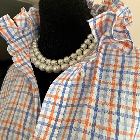 Chaps Tops - Chaps Orange & Blue Plaid Ruffled Collar Button-Up Blouse